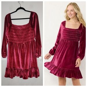 NWT Lauren Conrad Berry Wine Red Velvet Babydoll Smocked Dress Long Sleeve XLP